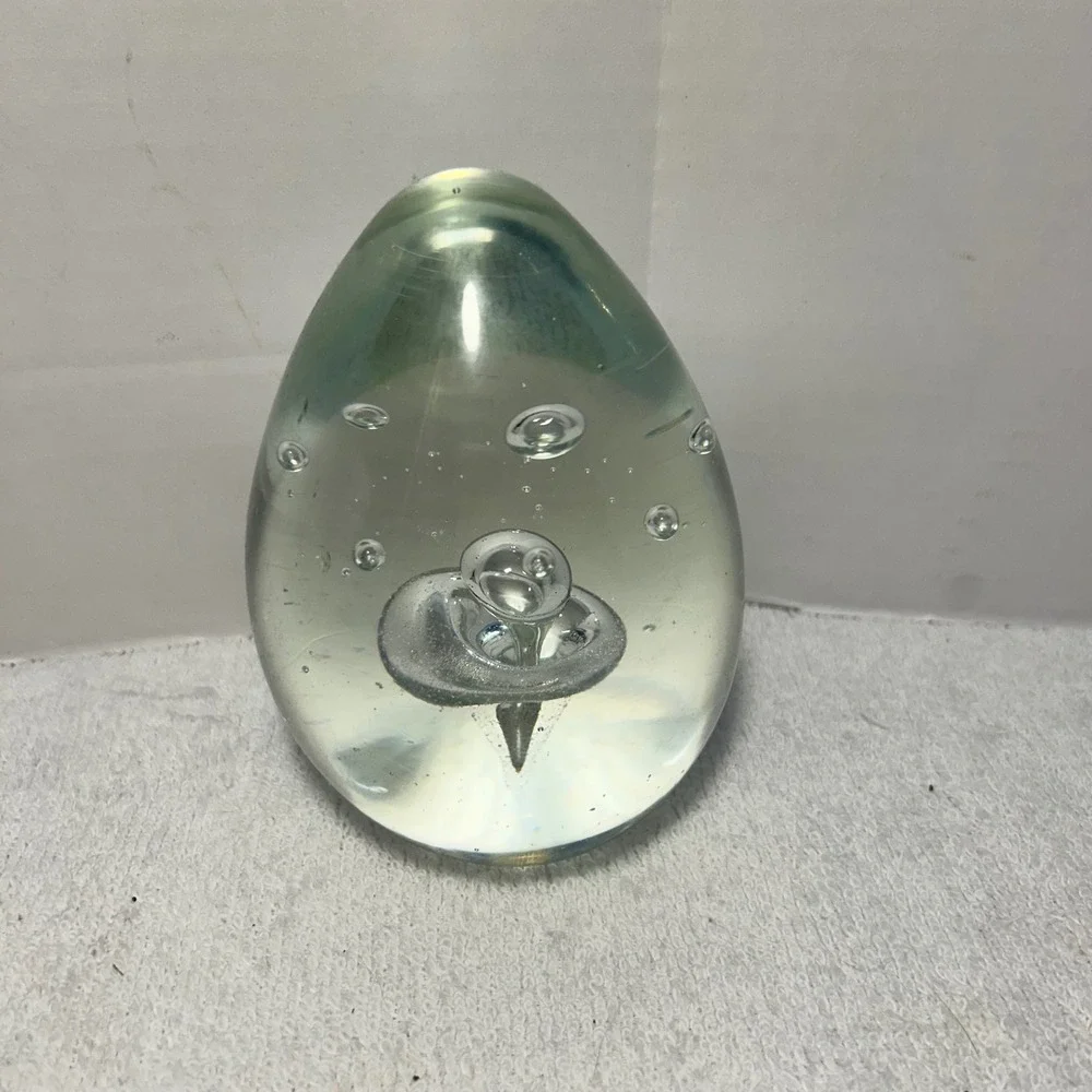 Vintage Hand Blown Glass Egg Paperweight Clear Controlled Bubble Art Glass